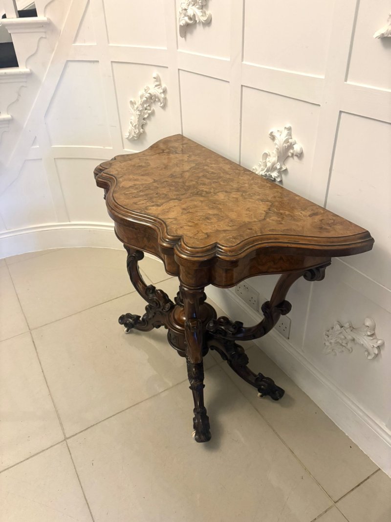 Antique Exceptional Quality Victorian Burr Walnut Card Table/Console Table with Carved Basket Base - Image 6